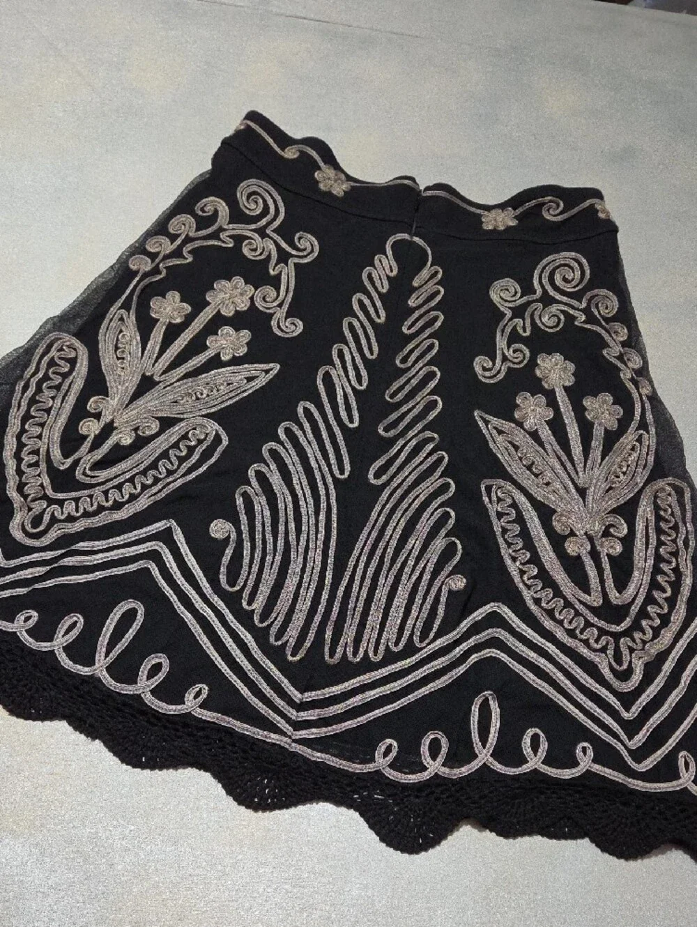 Black A-Line Skirt with Silver Embroidered Motif